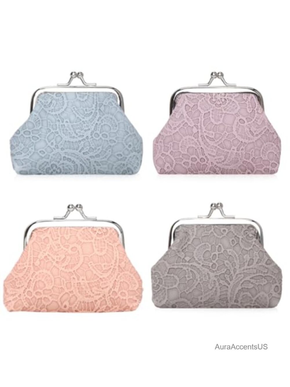 Set of 4 Lace Kiss Lock Coin Purses, Small Makeup Bags, Vintage Clasp Pouches,